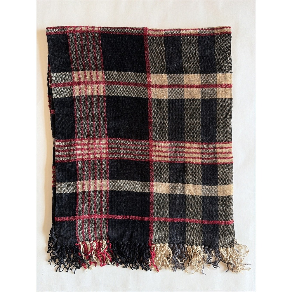 Loominus Handwovens Black‎ Plaid USA Rayon Chenille Fringe Hem Scarf Wrap Unisex